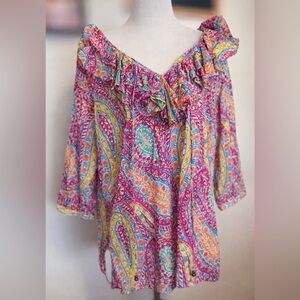 Lauren Ralph Lauren Paisley Ruffle Blouse Sz 2X